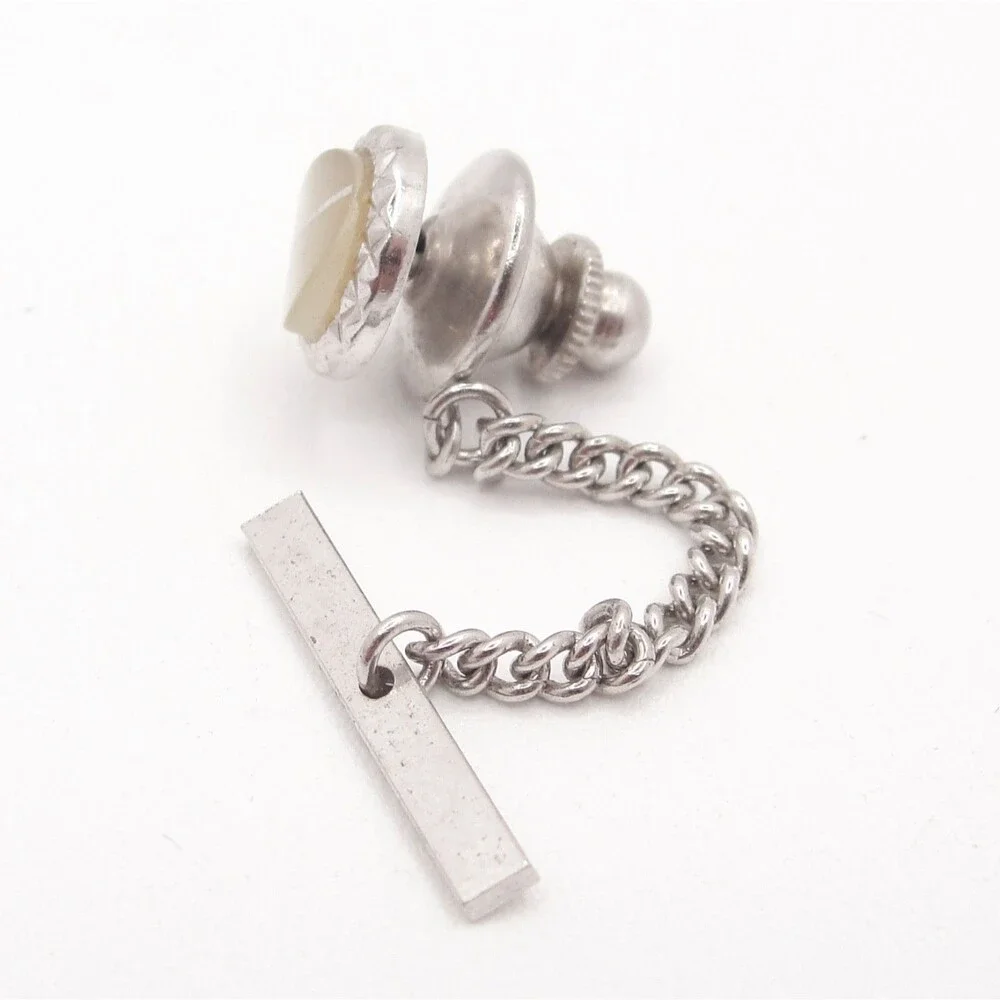 Vintage Silver Tone Faux Cat Eye Moonglow Lucite Tie Tack Pin With Bar Chain